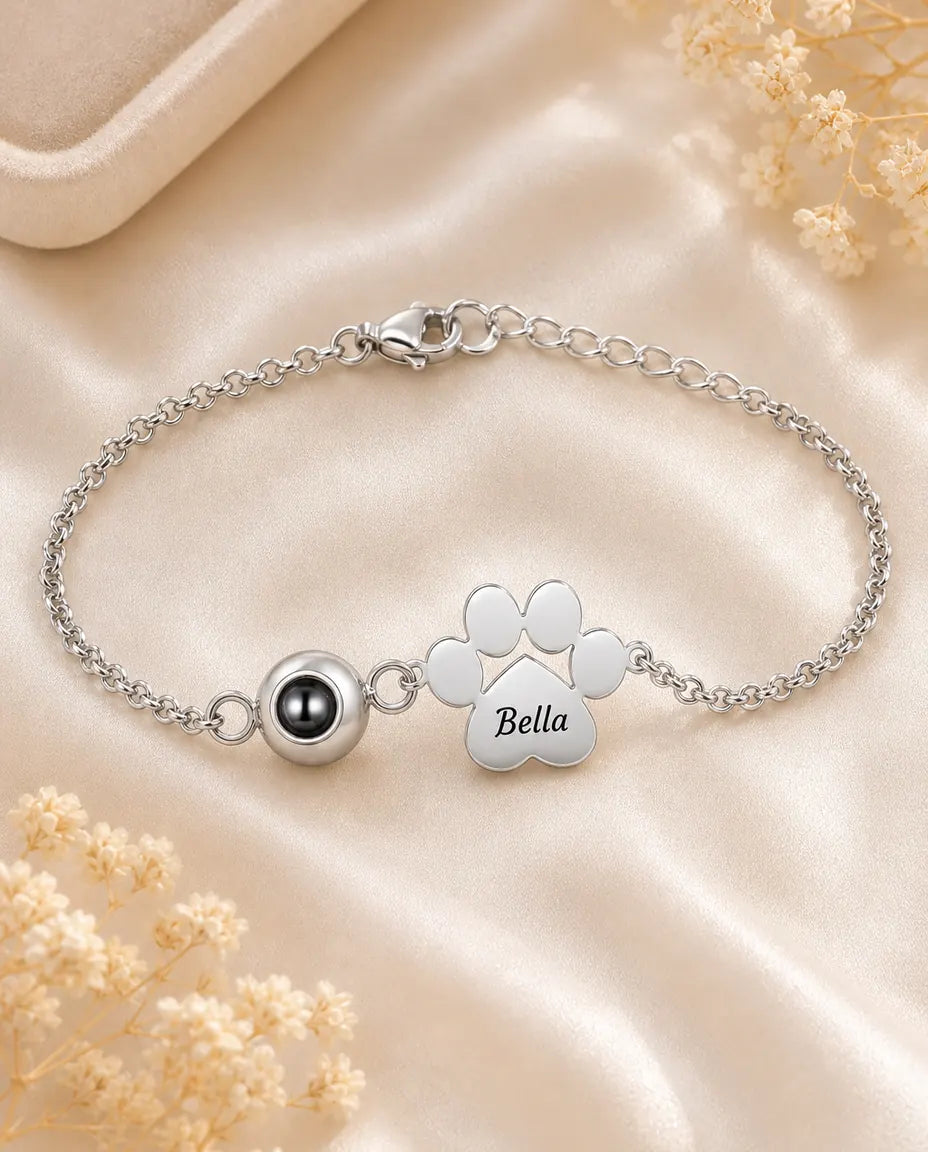 Personalisiertes Armband mit Foto im Stein und gravierter Pfote, in Silber, Gold oder Roségold, Erinnerungsgeschenk für Hundeliebhaber