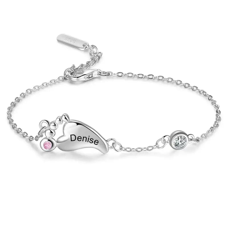 Armband mit Gravur – Babyfüße-Anhänger mit Kindernamen und Geburtssteinen, 925er Sterlingsilber, Geschenk für Mama