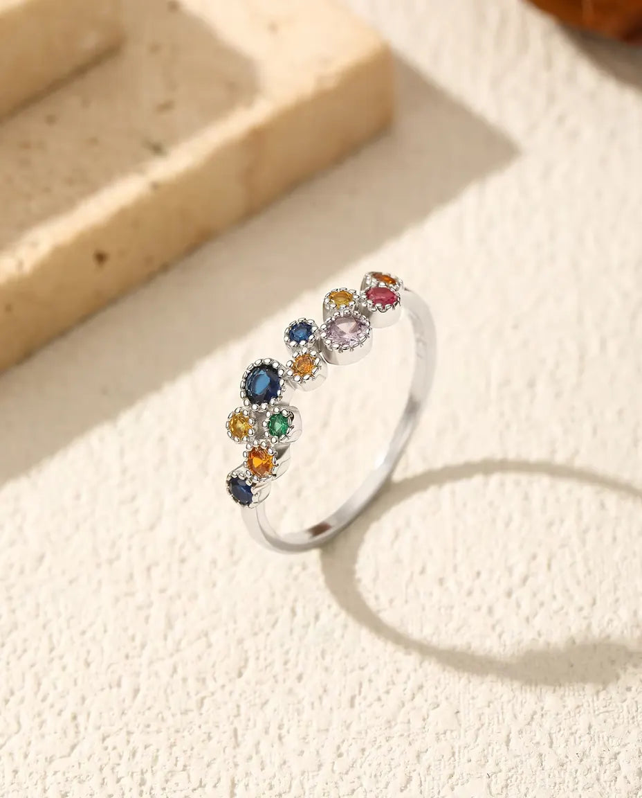 Bunter Zirkonia Ring - Steine in Blau, Gelb, Grün und Rosa mit Milgrain-Fassung, 925 Sterlingsilber, US-Größen 5 bis 9