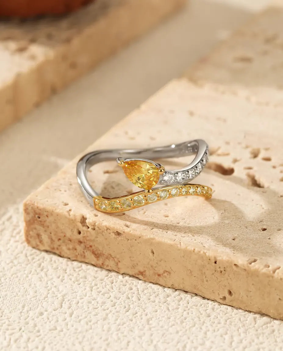 Bypass Ring bicolor - gelber Tropfenschliff zwischen Pavé Wellenbändern, Größen 5 bis 9, 925 Sterlingsilber