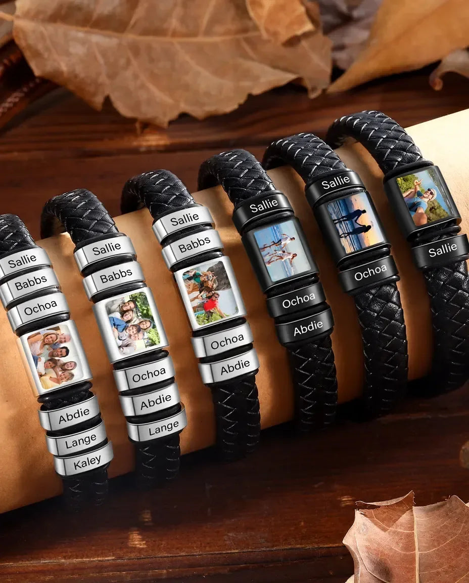 Personalisiertes Herren-Lederarmband mit Foto & 1-6 Namensperlen – geflochtenes Armband mit Gravur in Schwarz & Silber, Geschenk für Papa