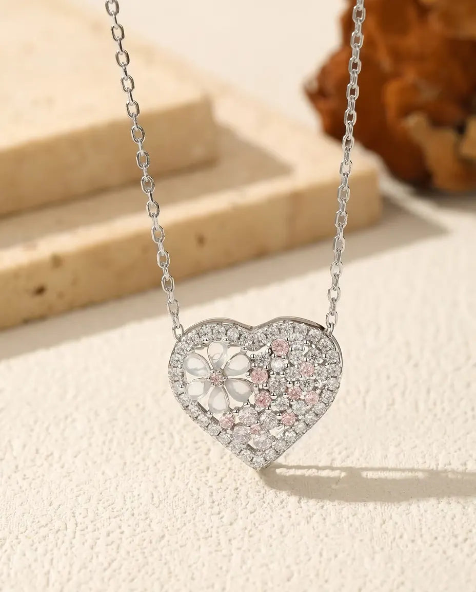 Herzkette mit Perlmutt Blüte - rosa und klare Zirkonia auf 16 x 18 mm Anhänger, 925 Sterlingsilber, 40 plus 5 cm