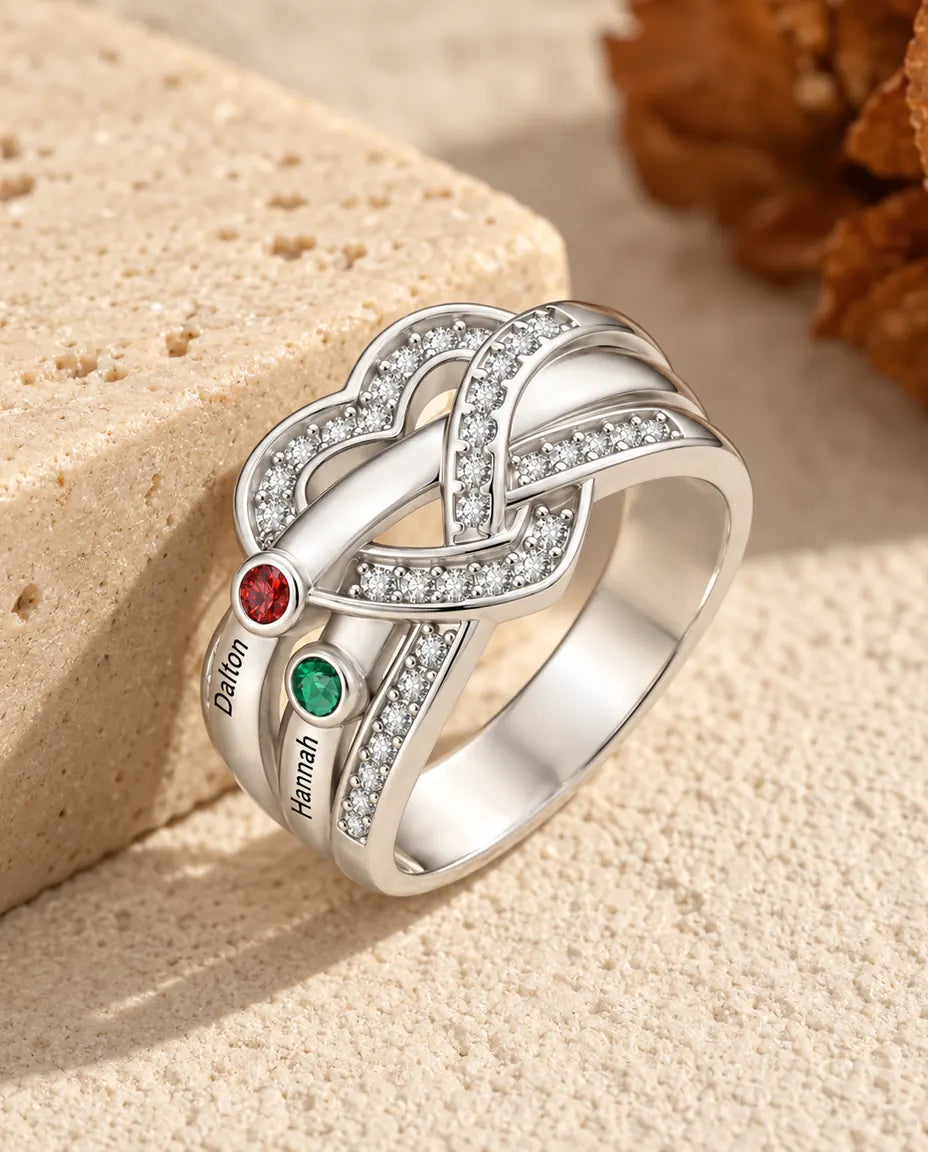 Personalisierter Geburtsstein Ring mit 2-6 Namen - Herzknoten Familienring mit Gravur und simulierten Geburtssteinen, rhodiniert