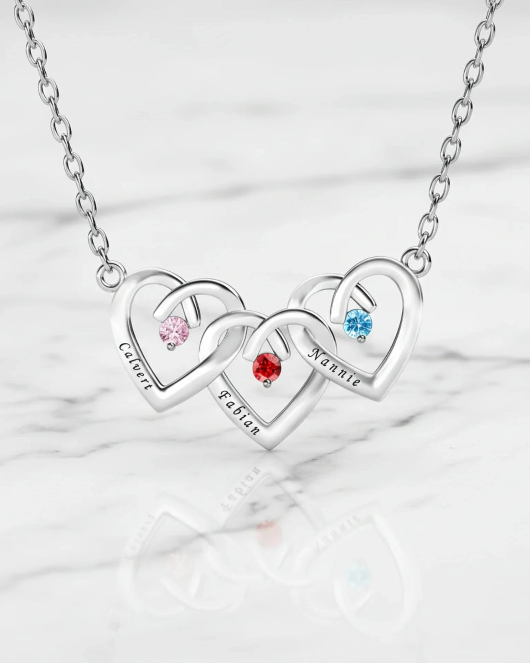Kette mit Gravur – Drei verbundene Herzen aus 925er Sterlingsilber, 3 Namen & Geburtssteine, Geschenk für Mama