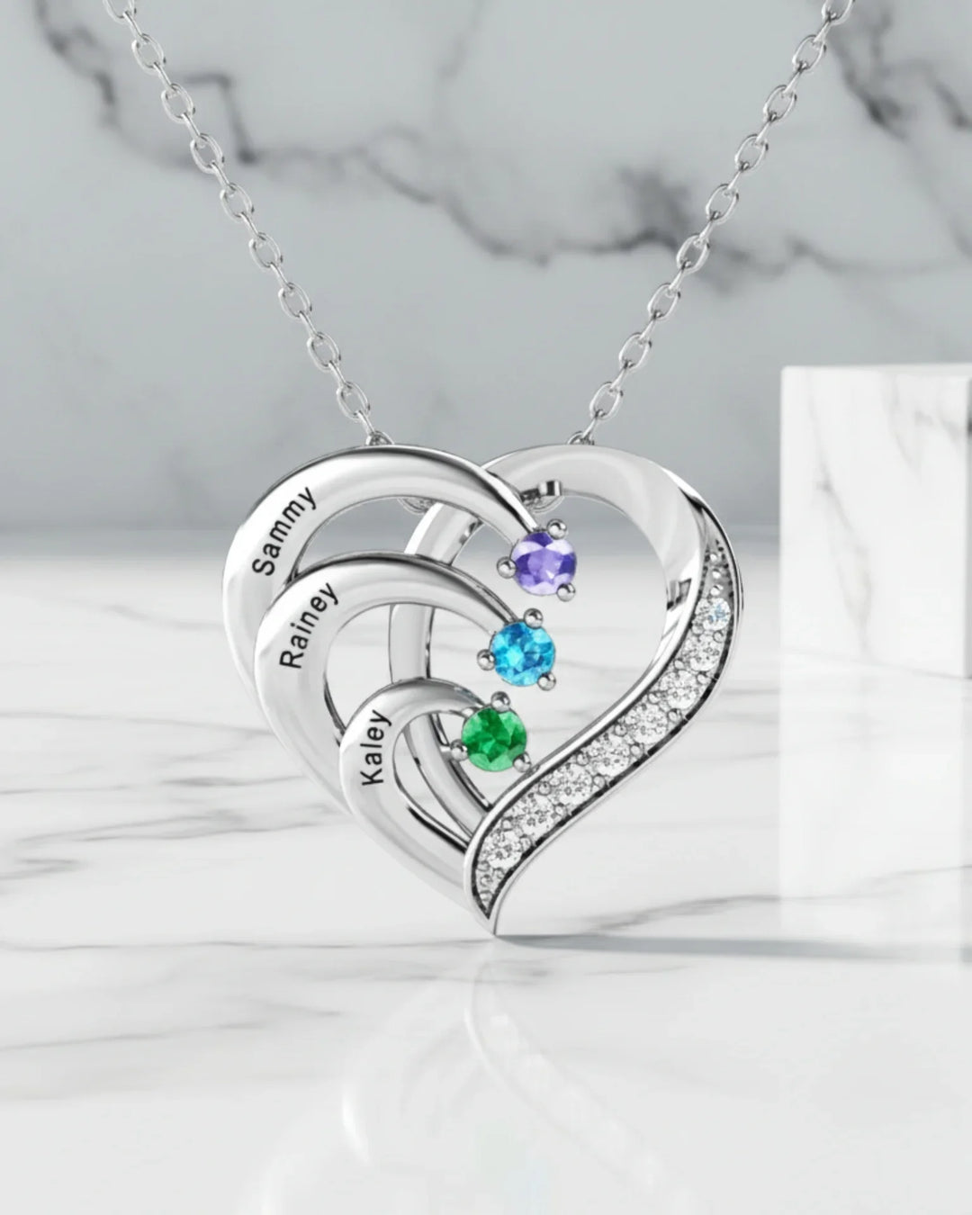 Kette mit Gravur – Herzanhänger aus 925er Sterlingsilber mit 3 Namen und 3 Geburtssteinen, Geschenk für Mama, zum Muttertag