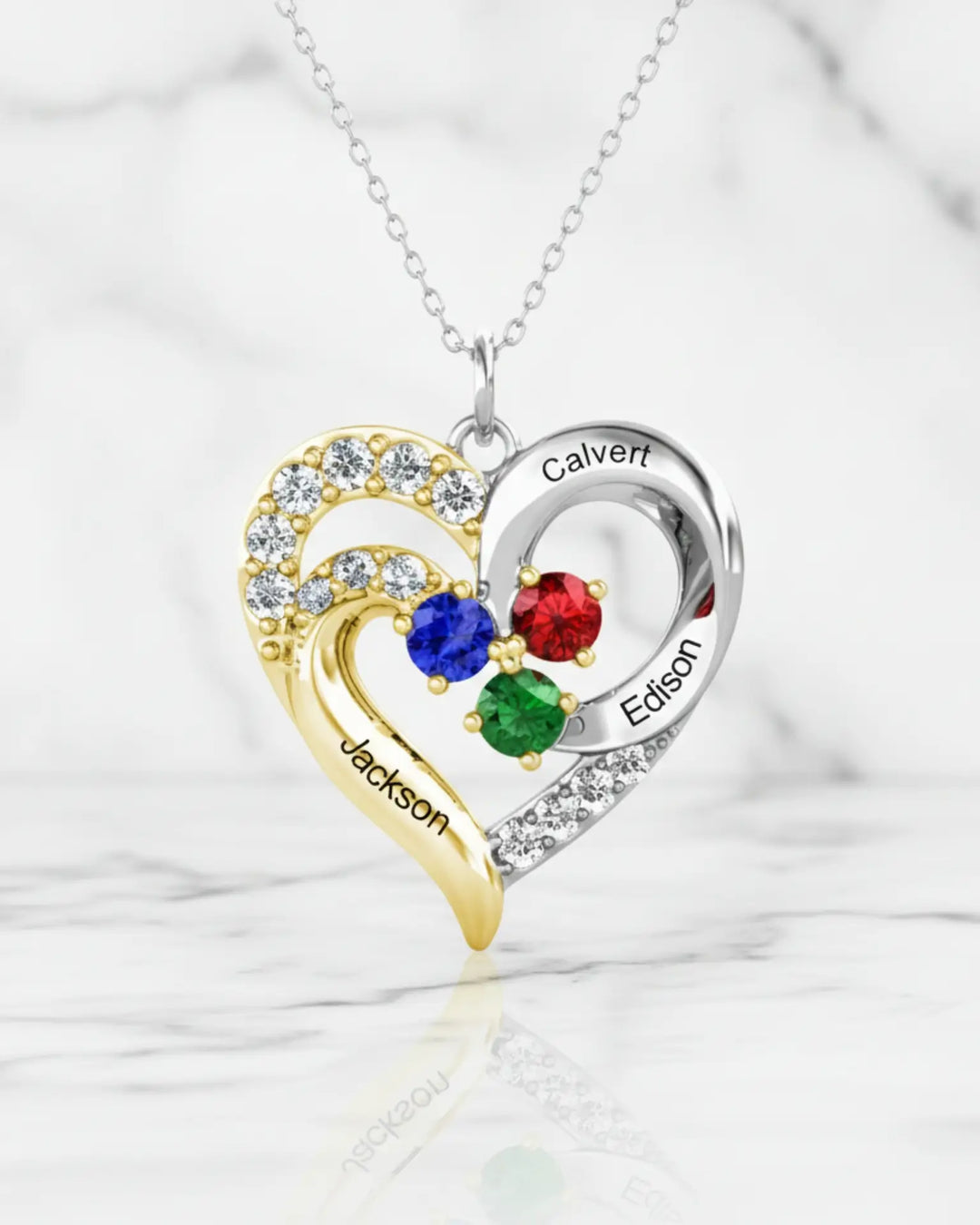 Kette mit Gravur – Bicolor-Herz mit Geburtssteinen, 925er Sterlingsilber, bis zu 5 Namen, Geschenk für Mama