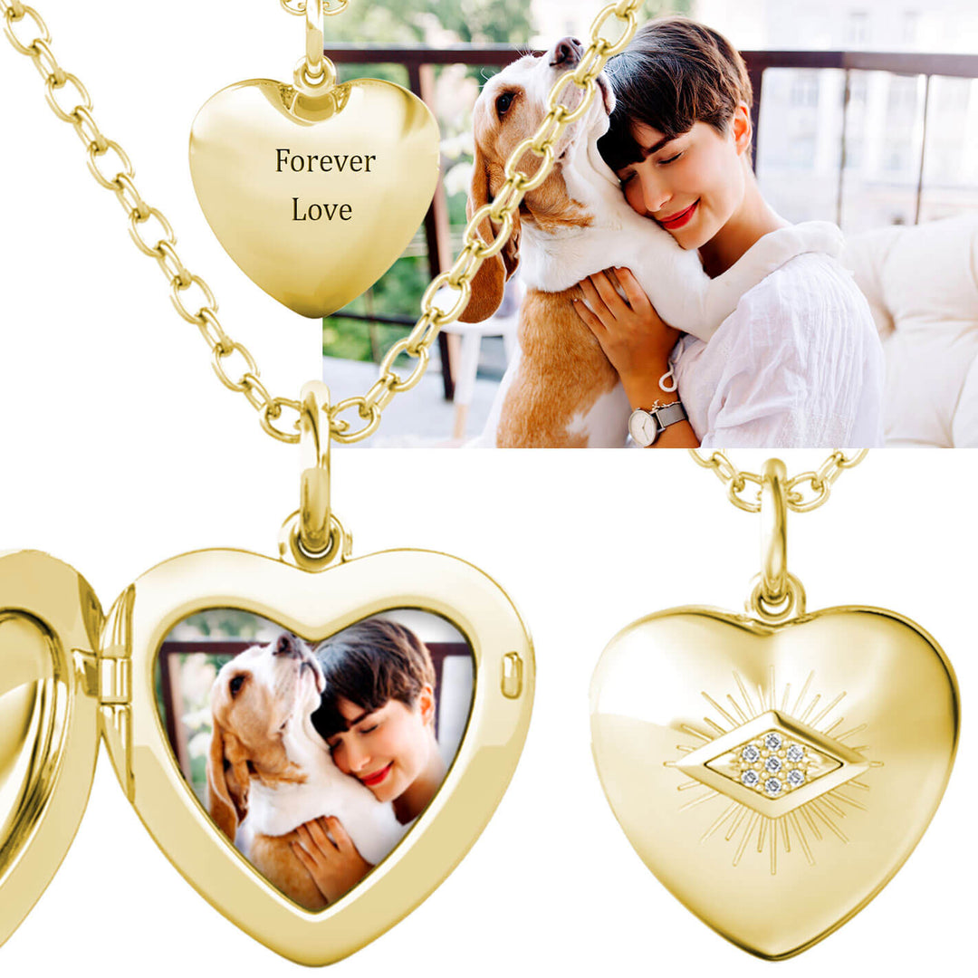 Medaillon mit Foto – Herz aus 925er Sterlingsilber in Gold, personalisiert mit deinem Bild, Geschenk für Sie