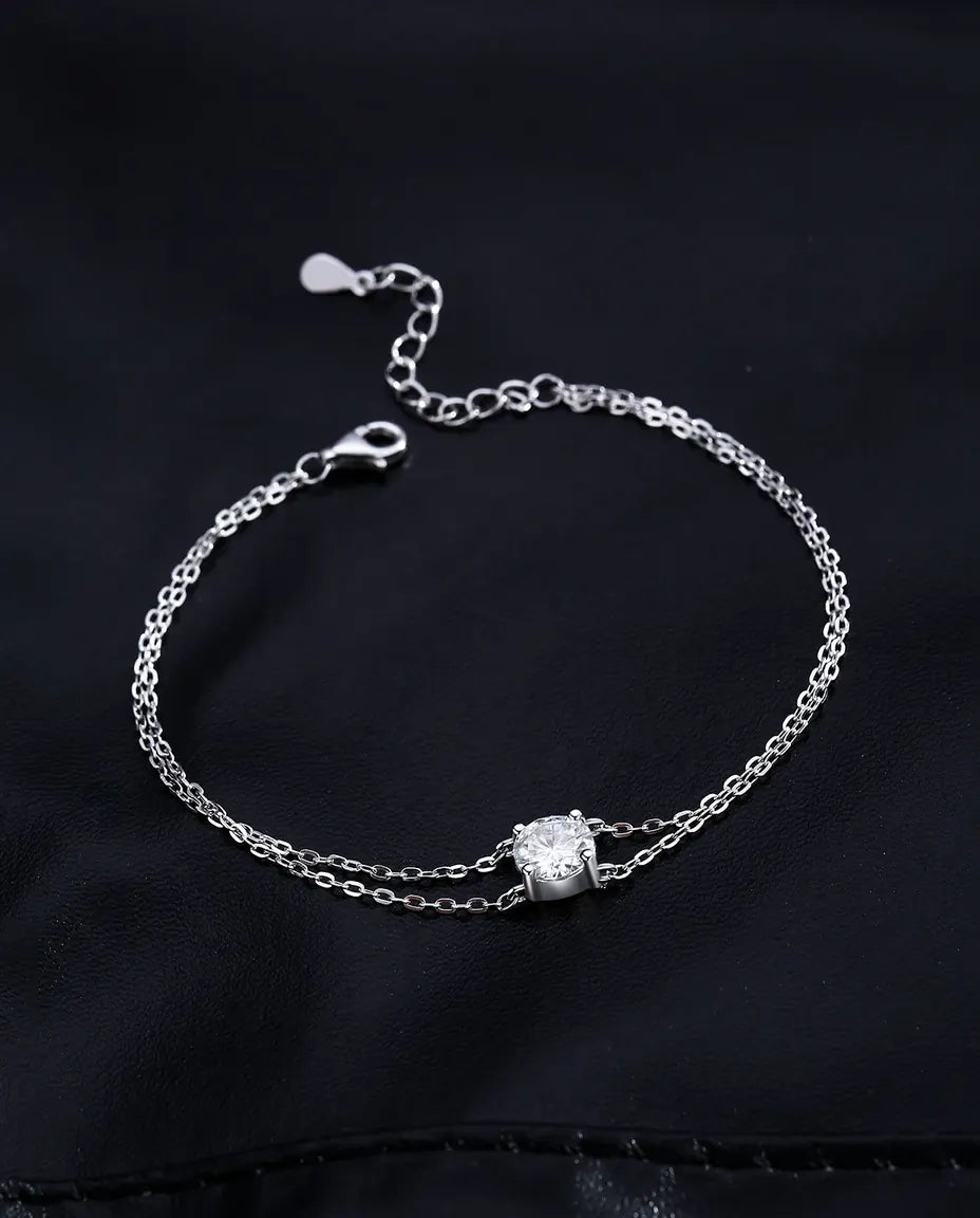 Moissanit Armband zweireihig aus 925 Sterlingsilber – 1 ct in Farbe D zwischen zwei feinen Ketten