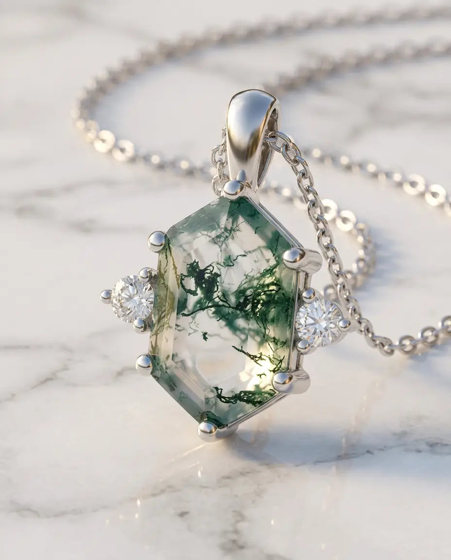 Moosachat Kette – zierlicher Sechseck-Anhänger mit zwei Akzentsteinen, S925 Silber mit Platinauflage, Geschenk für sie