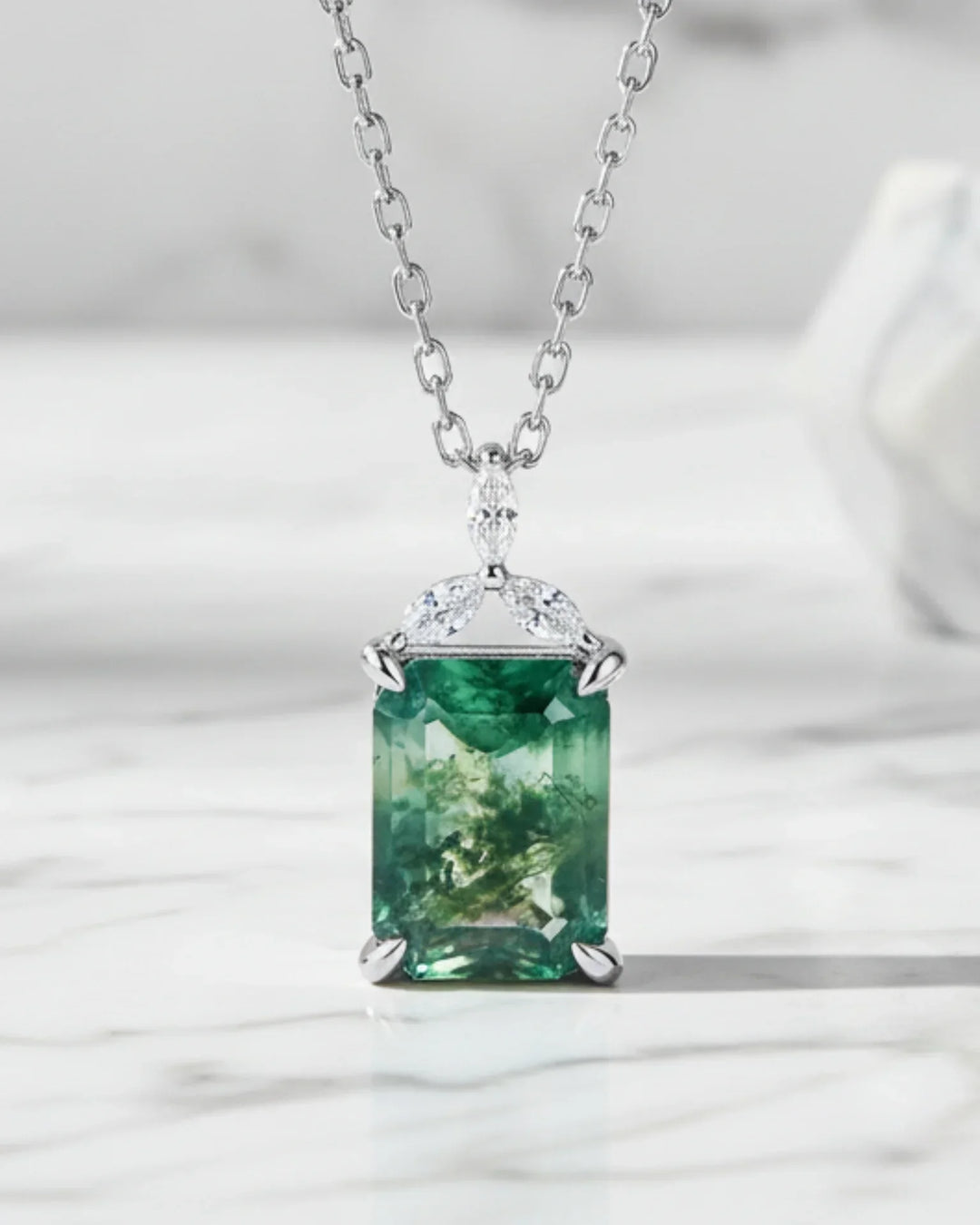 Moosachat Kette – Smaragdschliff mit Marquise-Zirkonia, poliertes 925er Sterlingsilber, Geschenk für sie