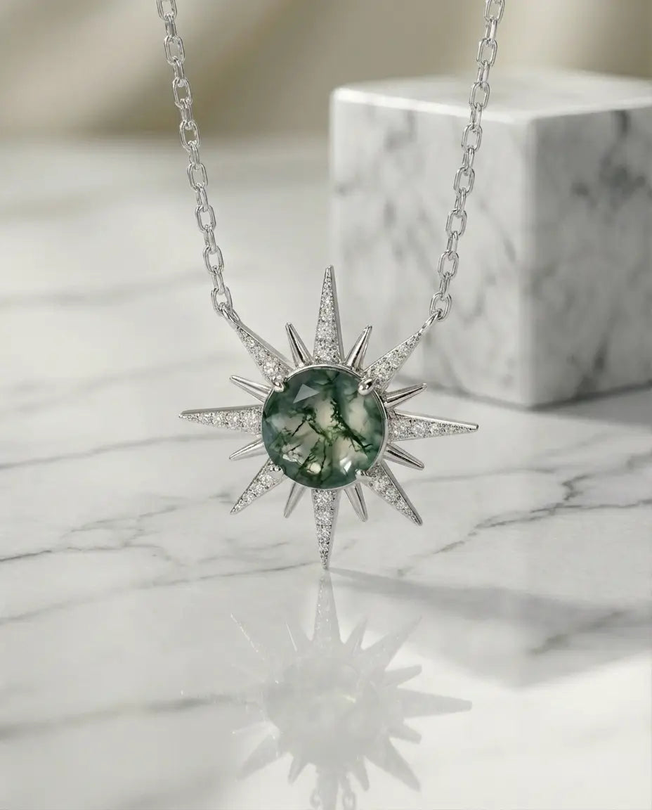 Moosachat Kette – Sonnenstrahl-Anhänger mit Zirkonia, 925er Sterlingsilber, Geschenk für sie