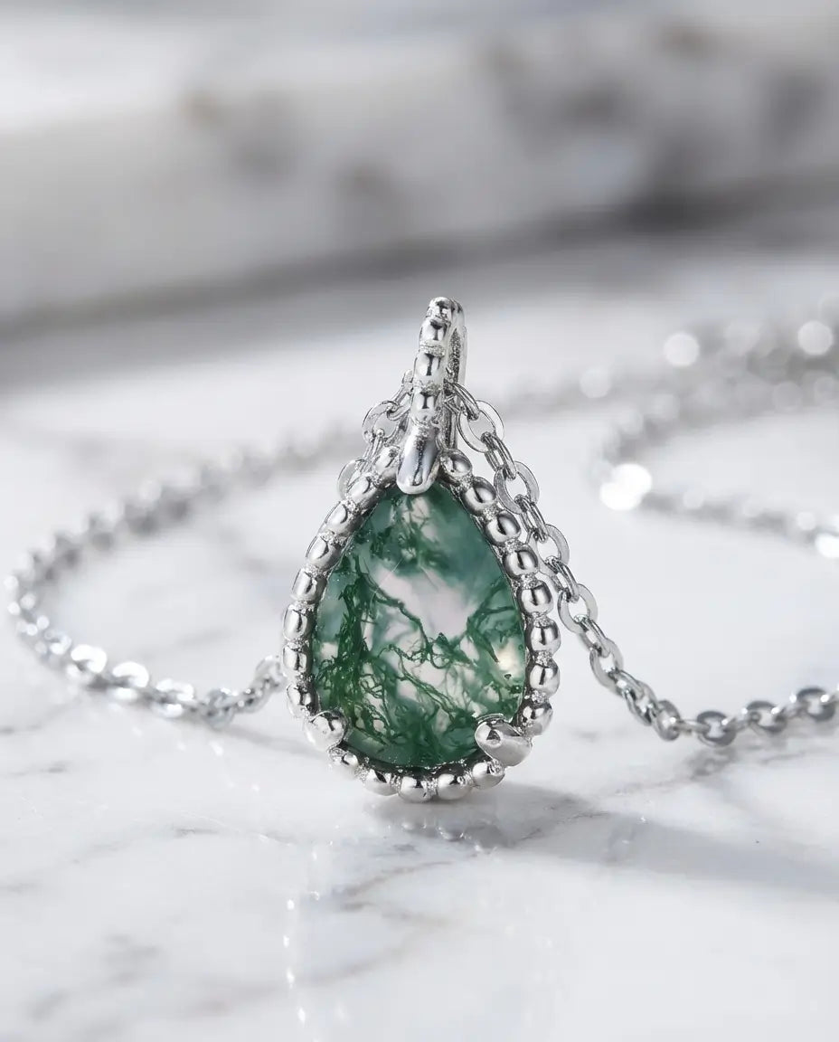 Moosachat Kette – Tropfen 6x8 mm aus echtem Moosachat, Sterlingsilber, Geschenk für sie