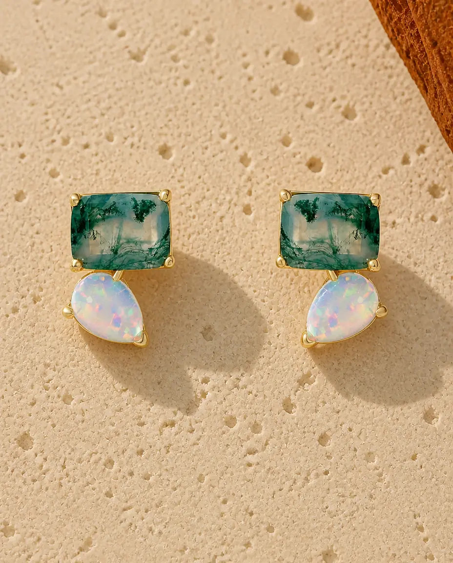 Moosachat Ohrstecker - Rechteckiger grüner Moosachat mit Opal-Tropfen, 925er Sterlingsilber mit Goldauflage, Geschenk für sie