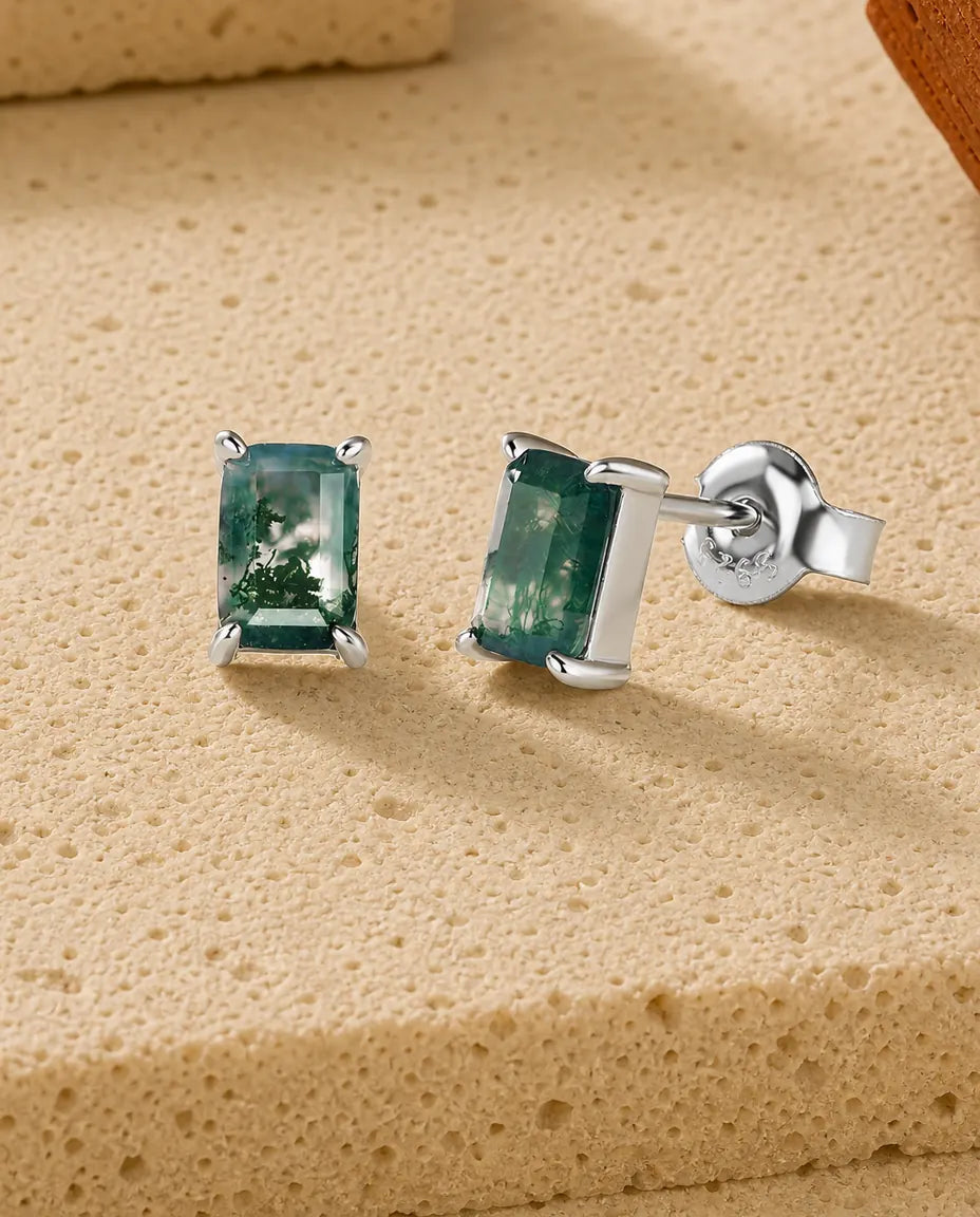 Moosachat Ohrstecker - Grüner Moosachat im Smaragdschliff, hochkant gefasst, 925 Sterlingsilber, Geschenk für sie