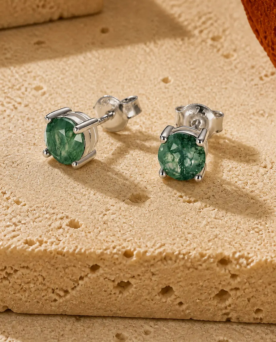 Moosachat Ohrstecker - 6 mm runder grüner Moosachat Solitär in vier Krappen, 925 Sterlingsilber, Geschenk für sie
