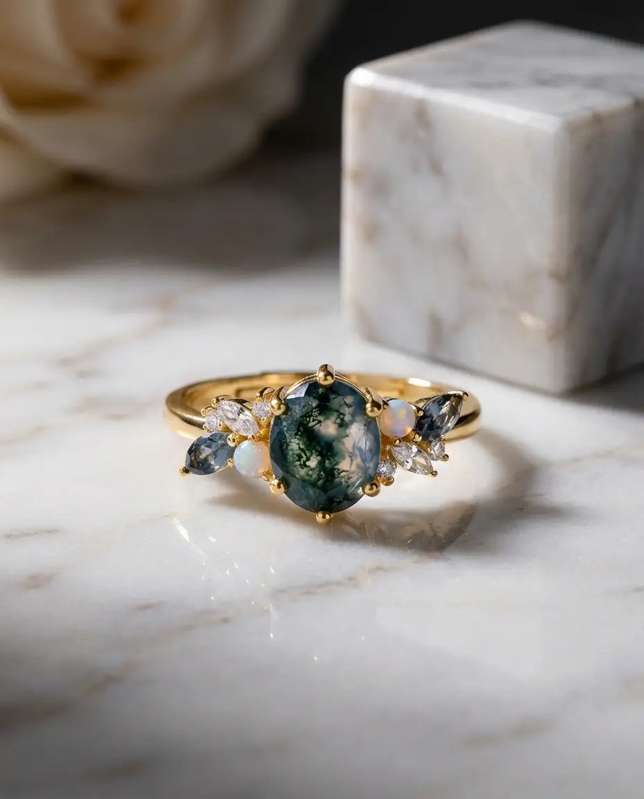 Moosachat Ring – Oval mit Opal- und Zirkon-Akzenten, Vintage-Design vergoldet, größenverstellbar, Geschenk für Sie