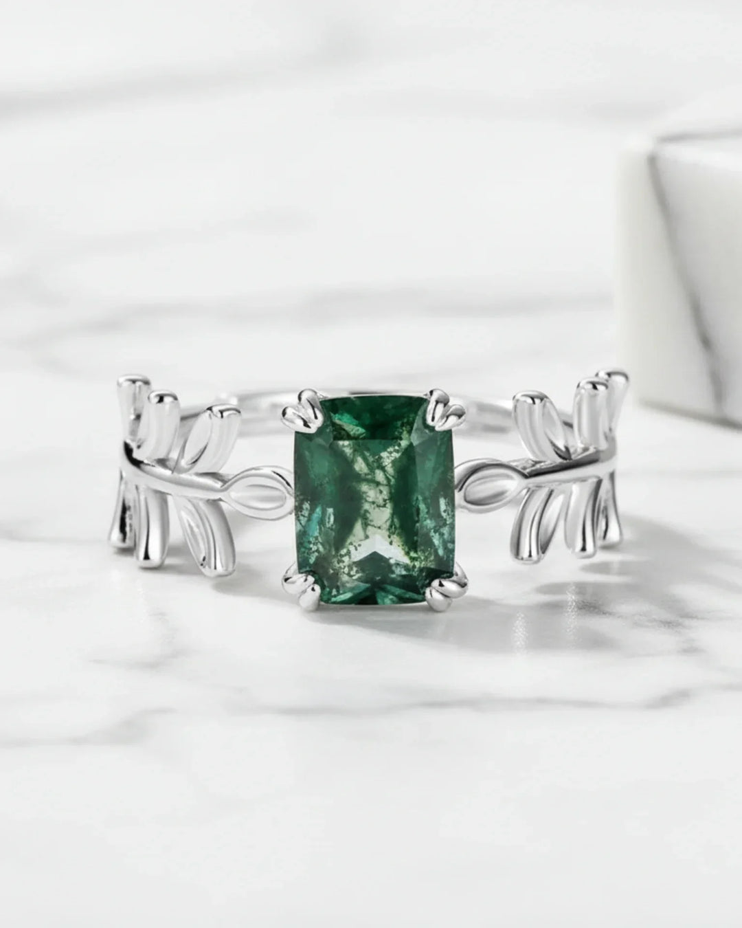 Moosachat Ring – Smaragdschliff mit Blatt-Design, 925er Sterlingsilber, Verlobungsring und Geschenk für Sie