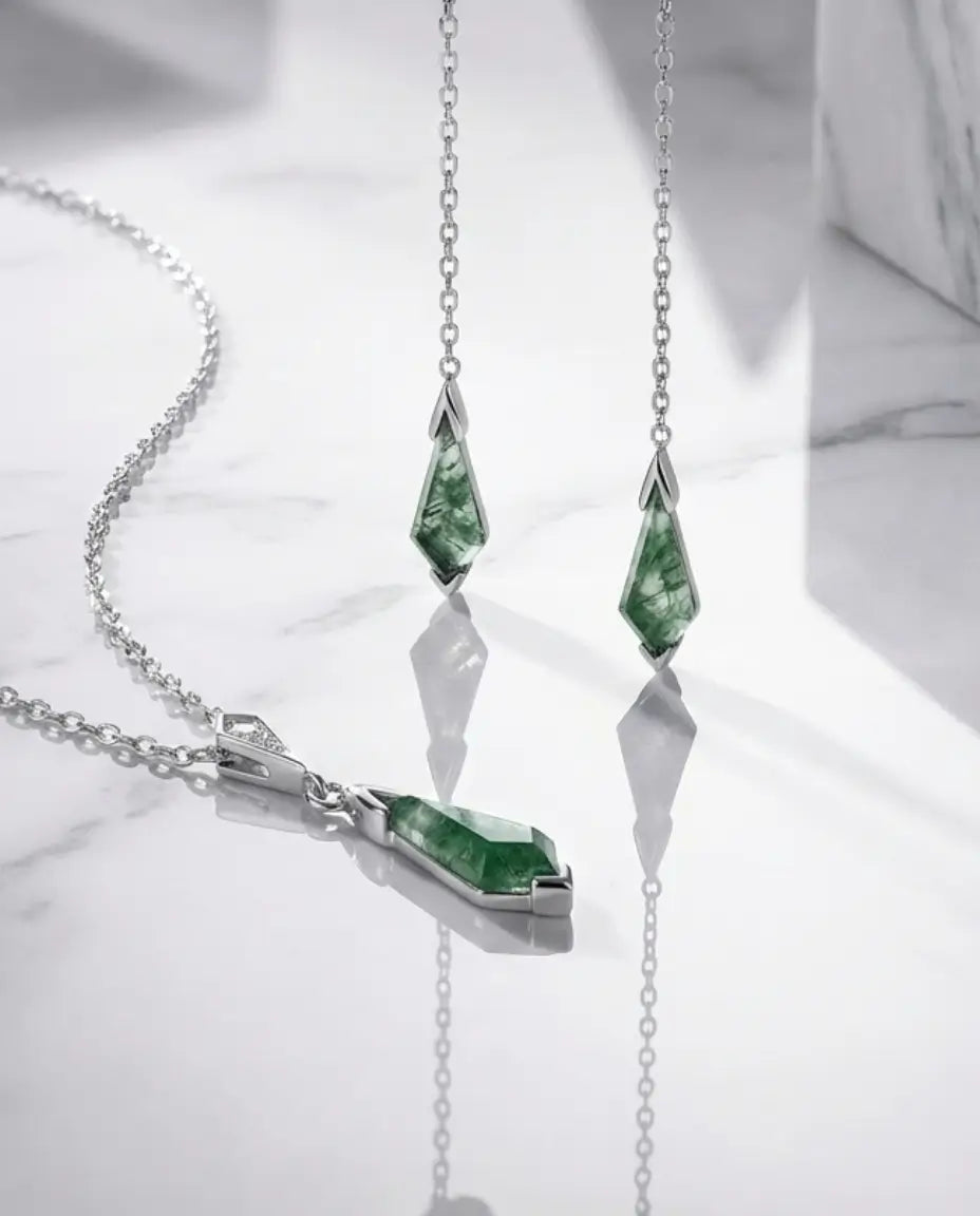Moosachat Schmuckset – Kette und Ohrhänger im Drachenschliff, S925 Sterlingsilber mit Platinauflage, Geschenk für sie