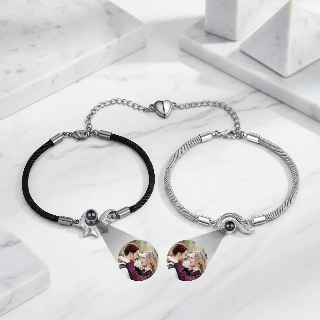 Partnerarmbänder mit Bild im Stein – Muschel-Charm mit deinem Foto, Magnetverschluss in Herzform, 2er-Set für Paare
