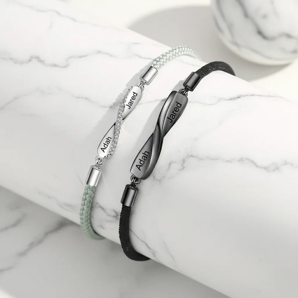 Partnerarmbänder mit gravierter Bar – Magnetverschluss in Herzform, Silberkette & schwarzes Band, Set für Paare