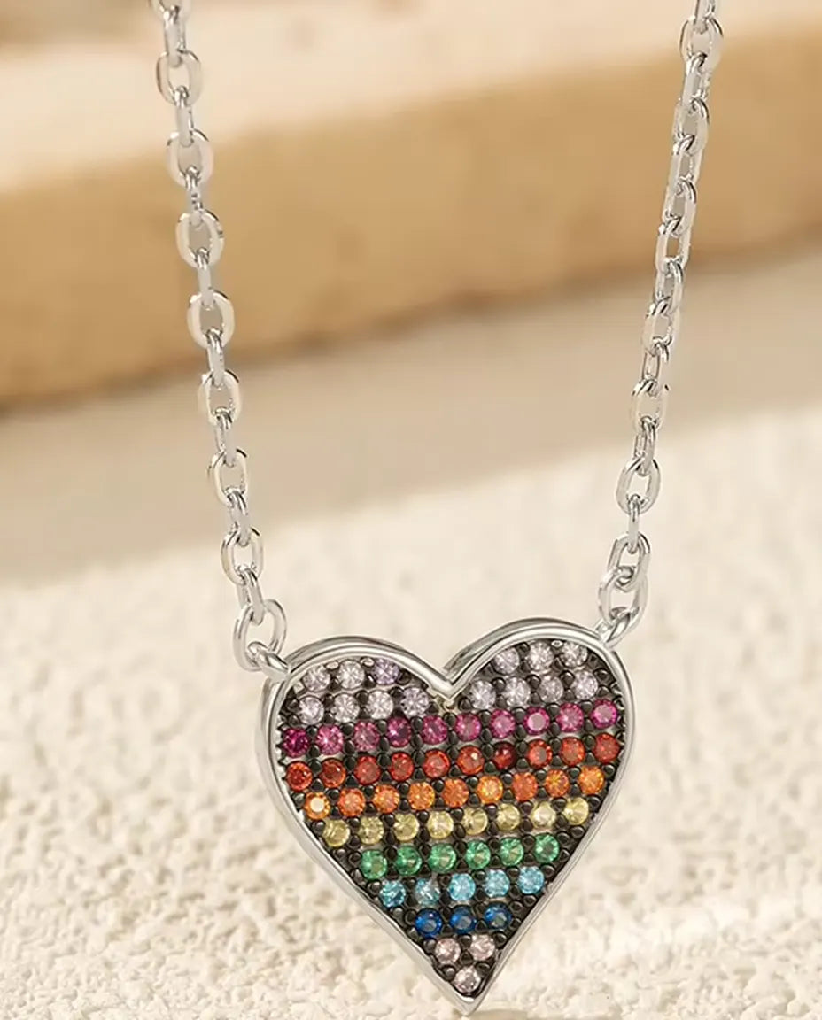 Regenbogen Herz Kette - Anhänger mit Pavé Farbverlauf aus Zirkonia, 40+5 cm, 925 Sterlingsilber