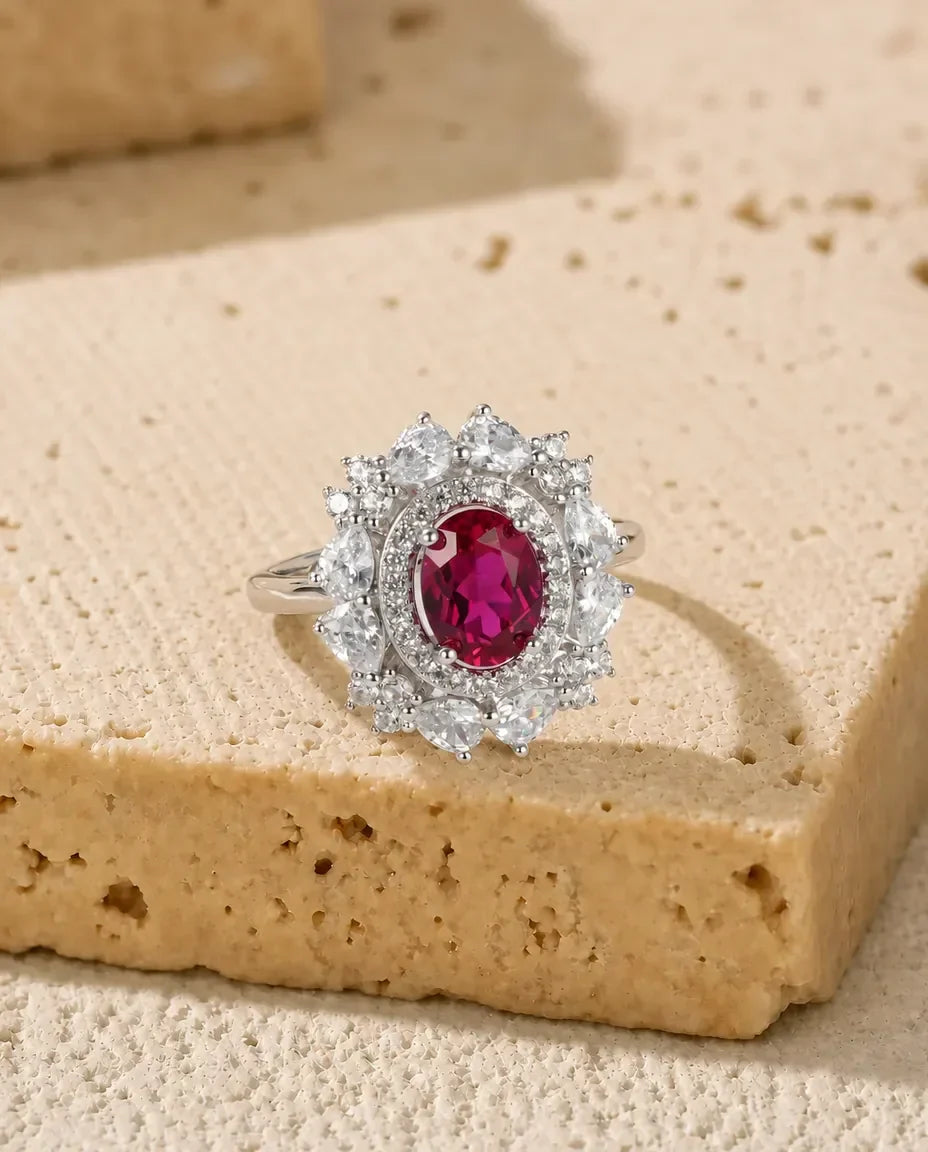 Rubin Ring – ovaler Labor-Rubin mit Vintage-Halo, größenverstellbar, 925er Sterlingsilber, Geburtsstein Juli