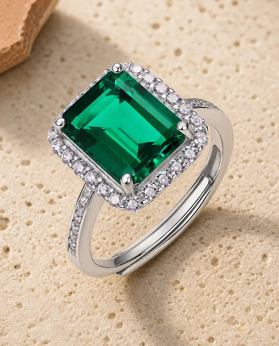 Smaragd Ring – Halo-Statement mit Labor-Smaragd im Oktagon-Schliff, 925er Sterlingsilber, größenverstellbar, Mai-Geburtsstein