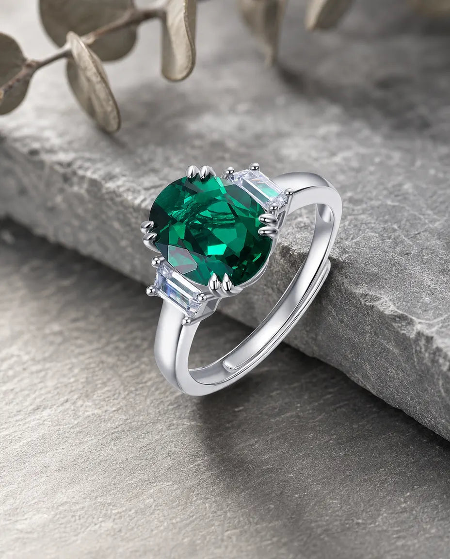 Smaragd Ring – großer ovaler Labor-Smaragd mit Baguette-Akzenten, 925er Sterlingsilber, Geburtsstein Mai, Geschenk für Sie