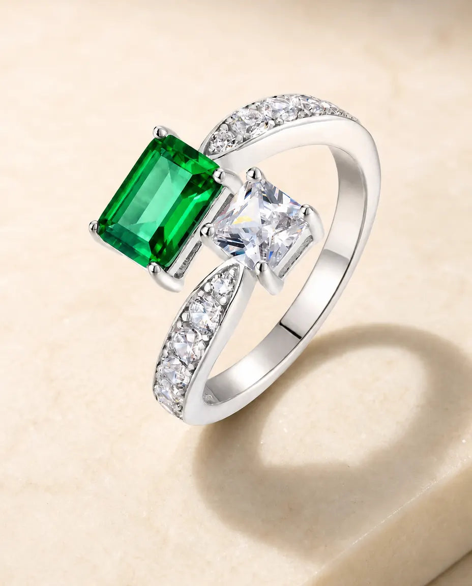 Smaragd Ring – Toi-et-Moi Zweistein-Ring mit quadratischem Labor-Smaragd, größenverstellbar, 925er Sterlingsilber für Damen