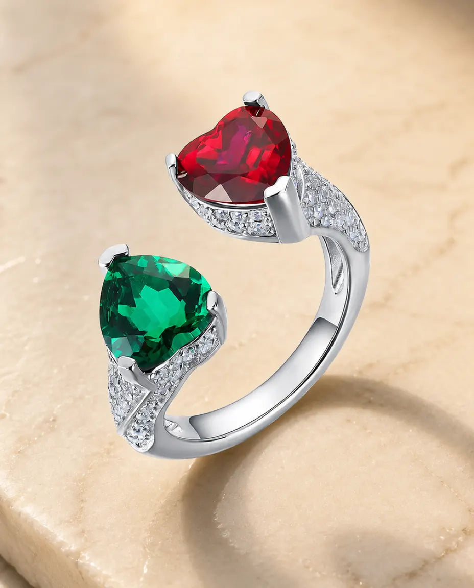Smaragd Ring mit Rubin – Toi-et-Moi Doppelherz, im Labor gezüchtete Steine, größenverstellbar, 925er Sterlingsilber, Geschenk für Sie