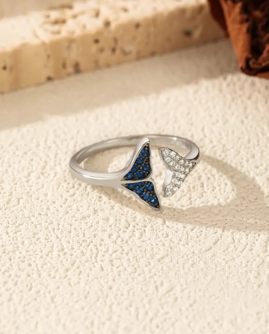 Walflossen Ring offen verstellbar - blaue und klare Steine, Größe US 6 bis 9, 925 Sterlingsilber