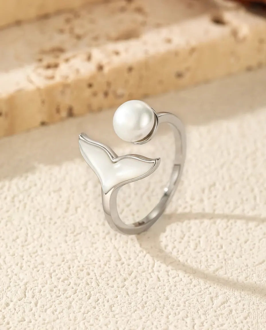 Walflossen Ring mit Perle - offenes Band mit weißer Flosse, verstellbar, 925 Sterlingsilber