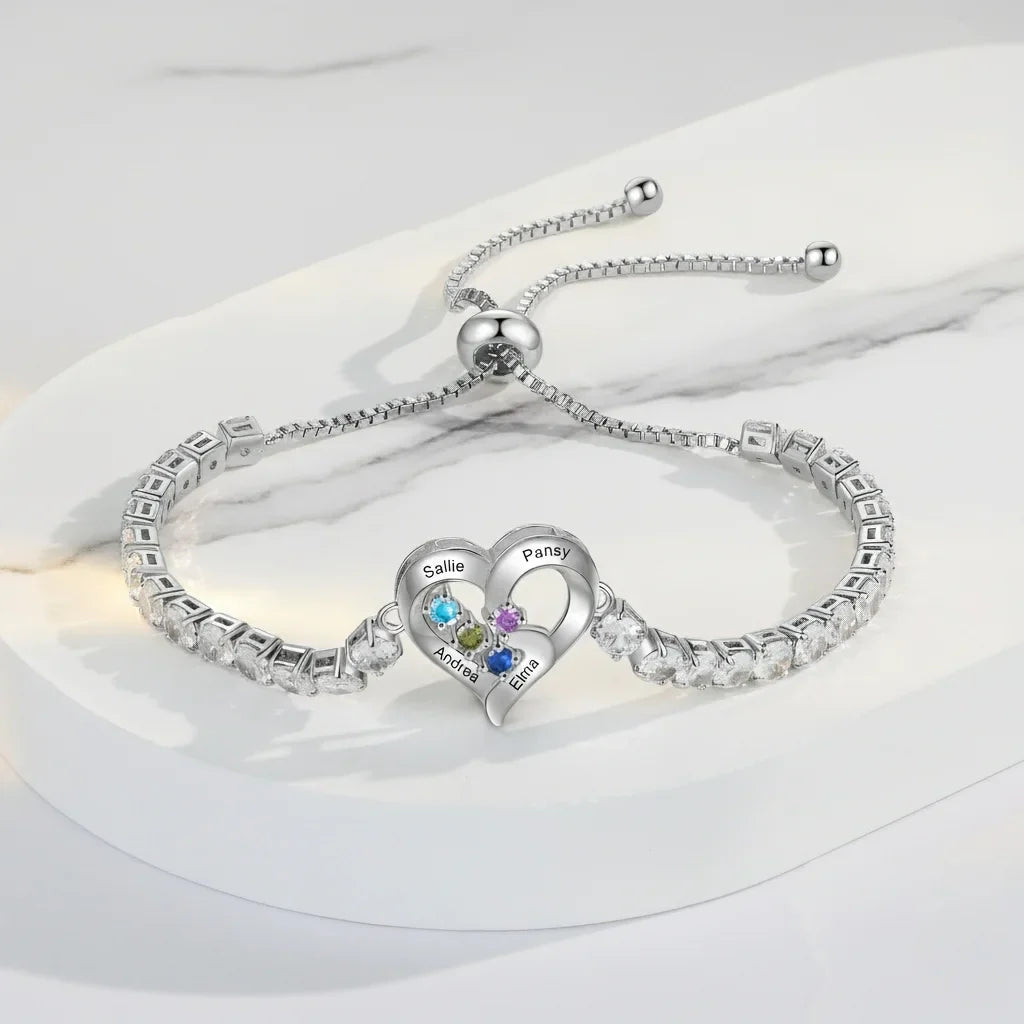 Armband mit Gravur für Mama – Offenes Herz an Zirkonia-Tenniskette, 2-4 Namen & Geburtssteine, Muttertagsgeschenk