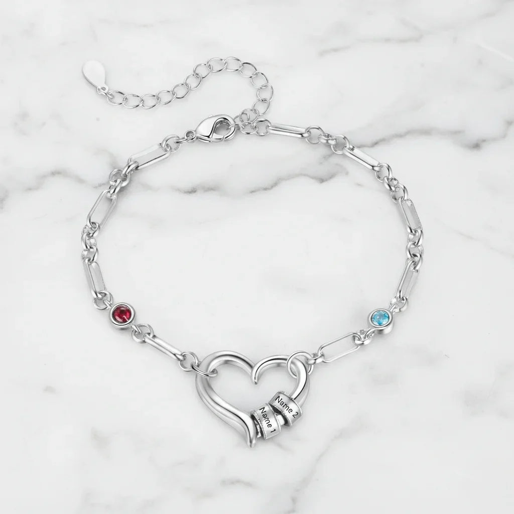Armband mit Gravur – Namensperlen & Geburtssteine, Herz-Anhänger, weißvergoldet, personalisiertes Familiengeschenk für Mama