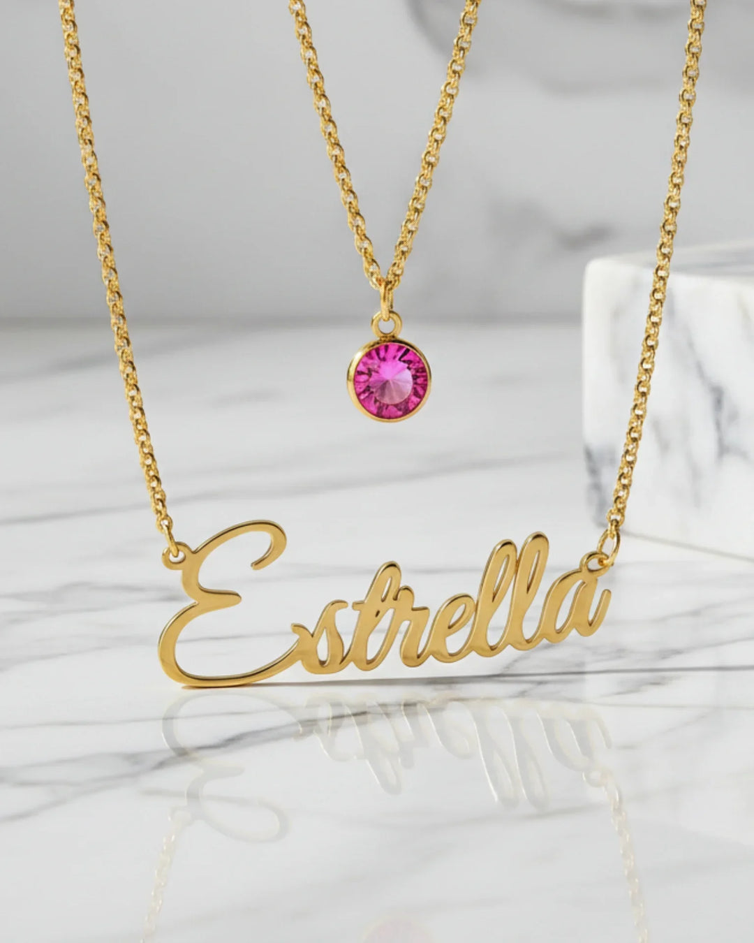 Geburtsstein Kette im Layering-Set mit Namenskette – 925er Sterlingsilber, Gold oder Roségold, Geschenk für Sie