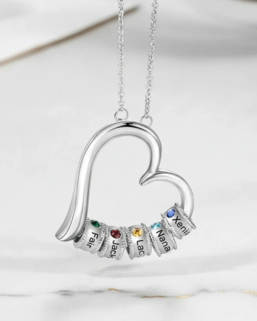 Geburtsstein Kette – Offenes Herz aus 925er Sterlingsilber, bis zu 7 Namen & Geburtssteine, Geschenk für Mama & Oma
