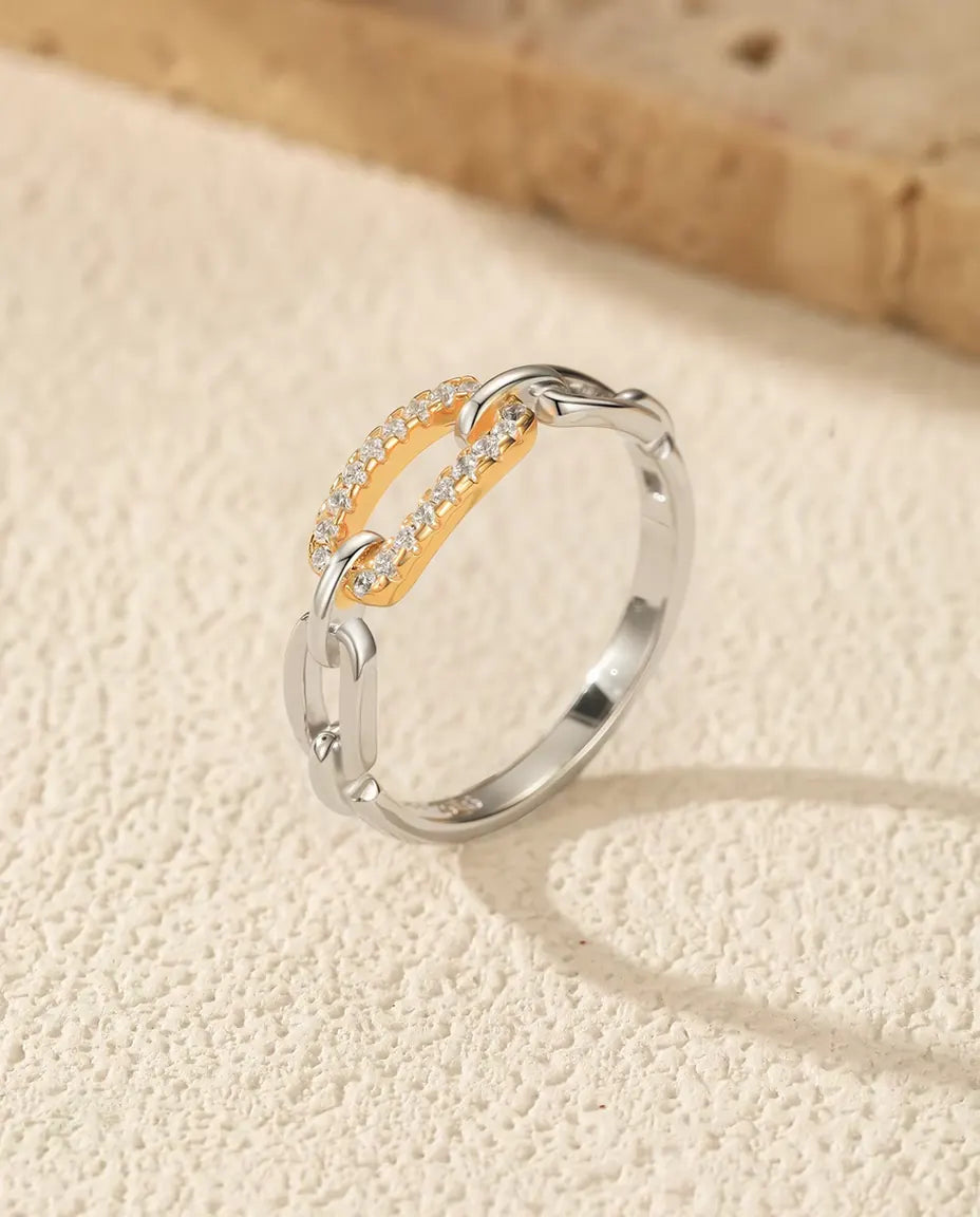Gliederketten Ring bicolor - vergoldeter Pavé Steg zwischen Silbergliedern, Größen 5 bis 9, 925 Sterlingsilber