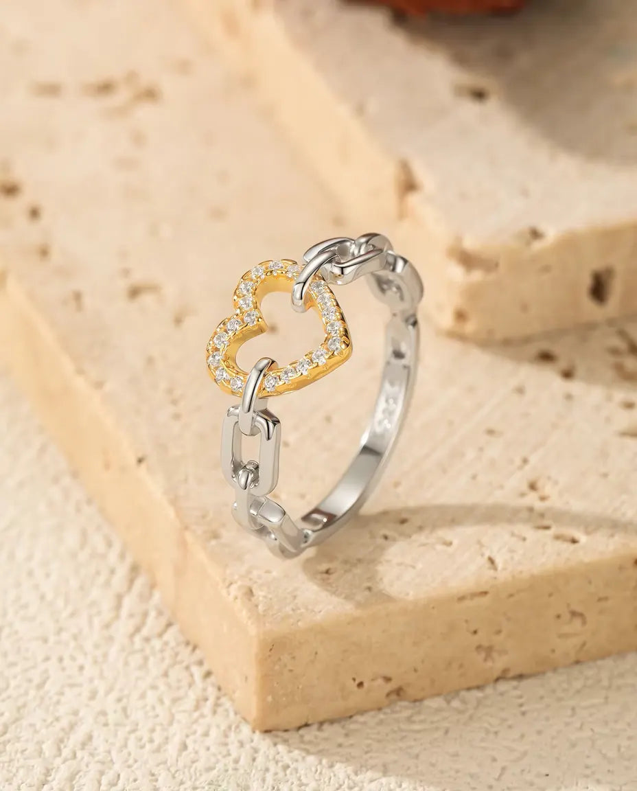 Herz Ring in Bicolor - offenes Herz in Goldton auf Gliederband, Größen 5 bis 9, 925 Sterlingsilber