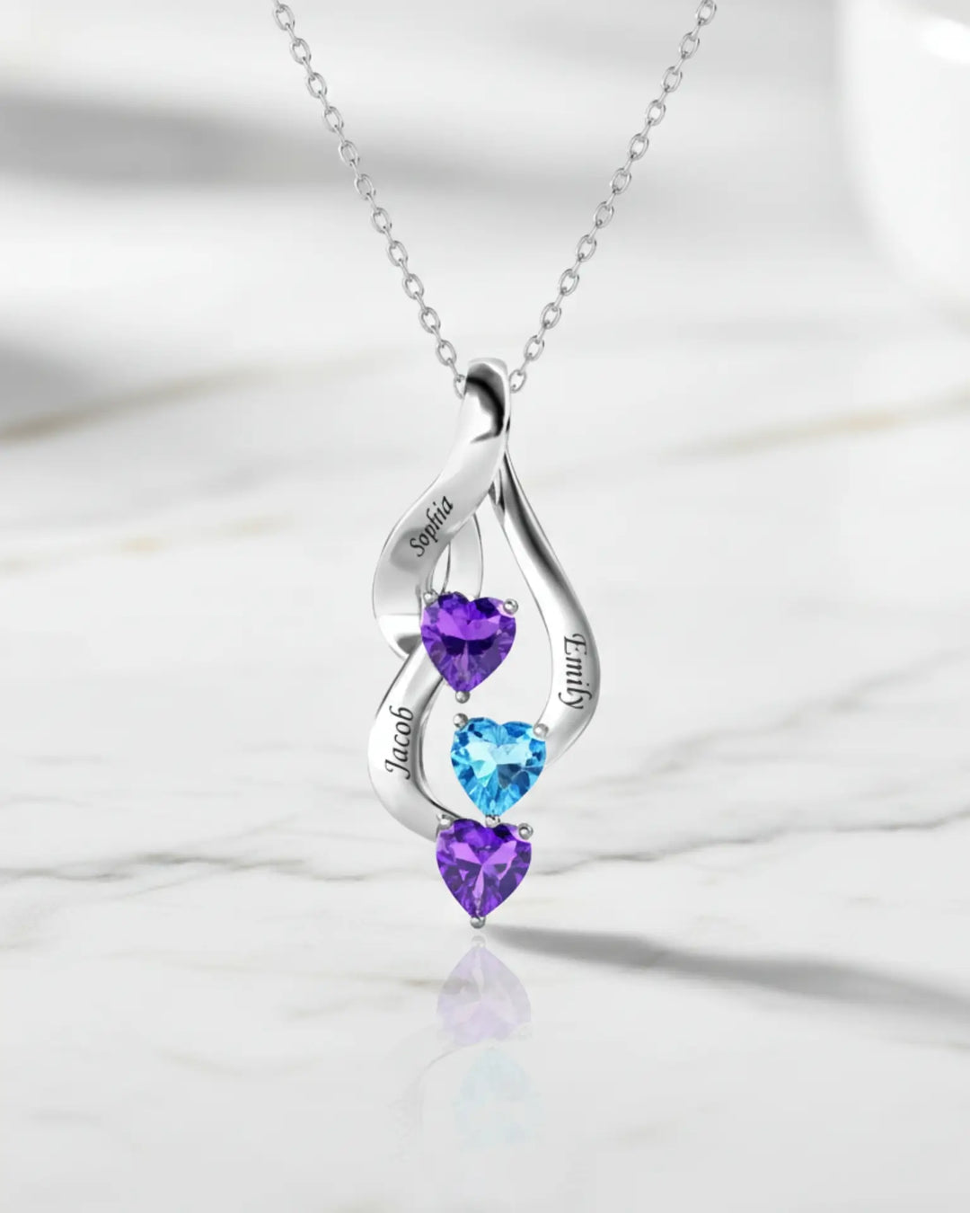 Kette mit Gravur für Mama – Herz-Kaskade aus 925er Sterlingsilber, 3 Namen & Herz-Geburtssteine, Muttertagsgeschenk