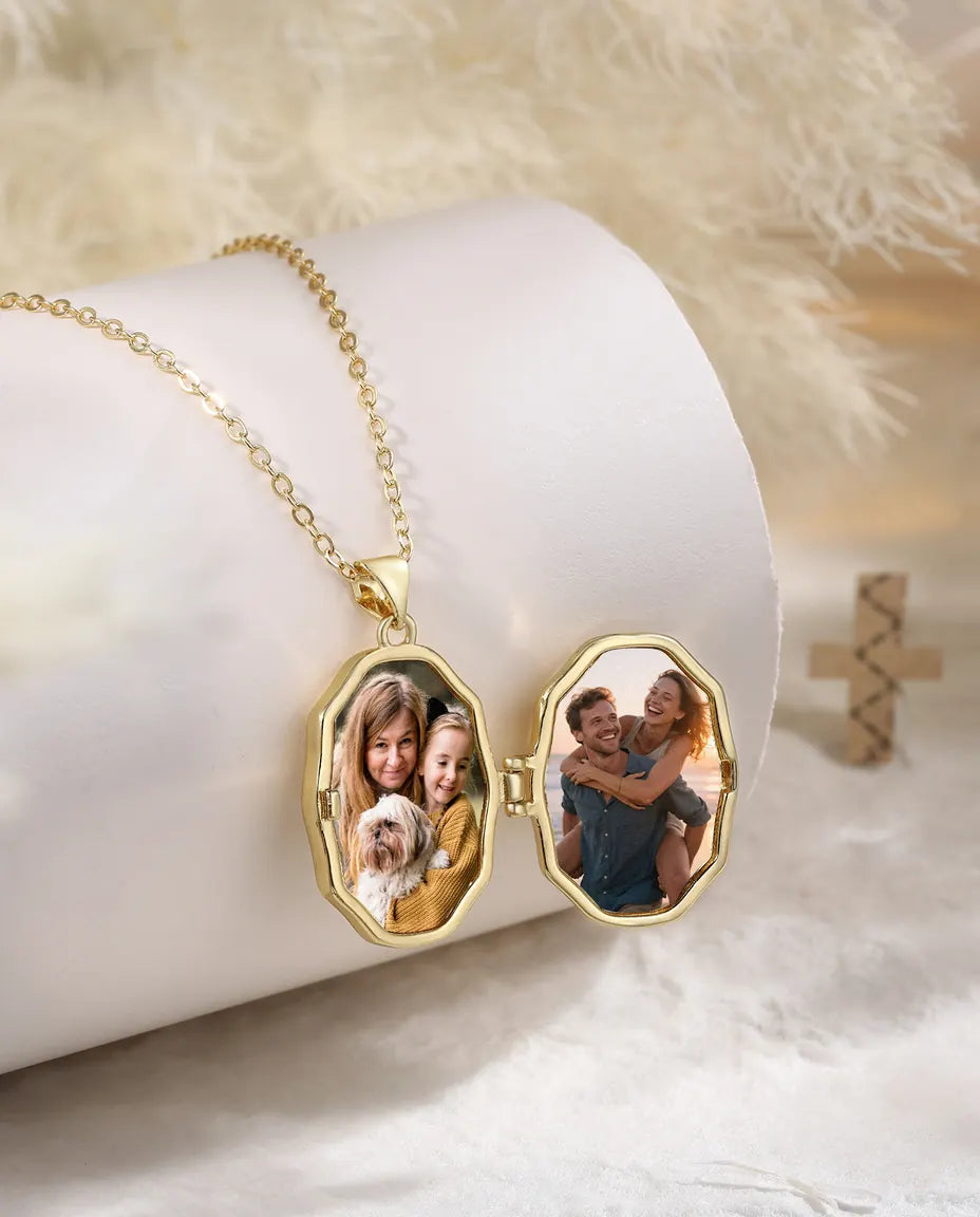 Personalisierte Kreuz-Medaillon-Kette mit 2 Fotos – Emaille in Weiß, Schwarz oder Rot, goldfarben, Geschenk zu Taufe & Kommunion