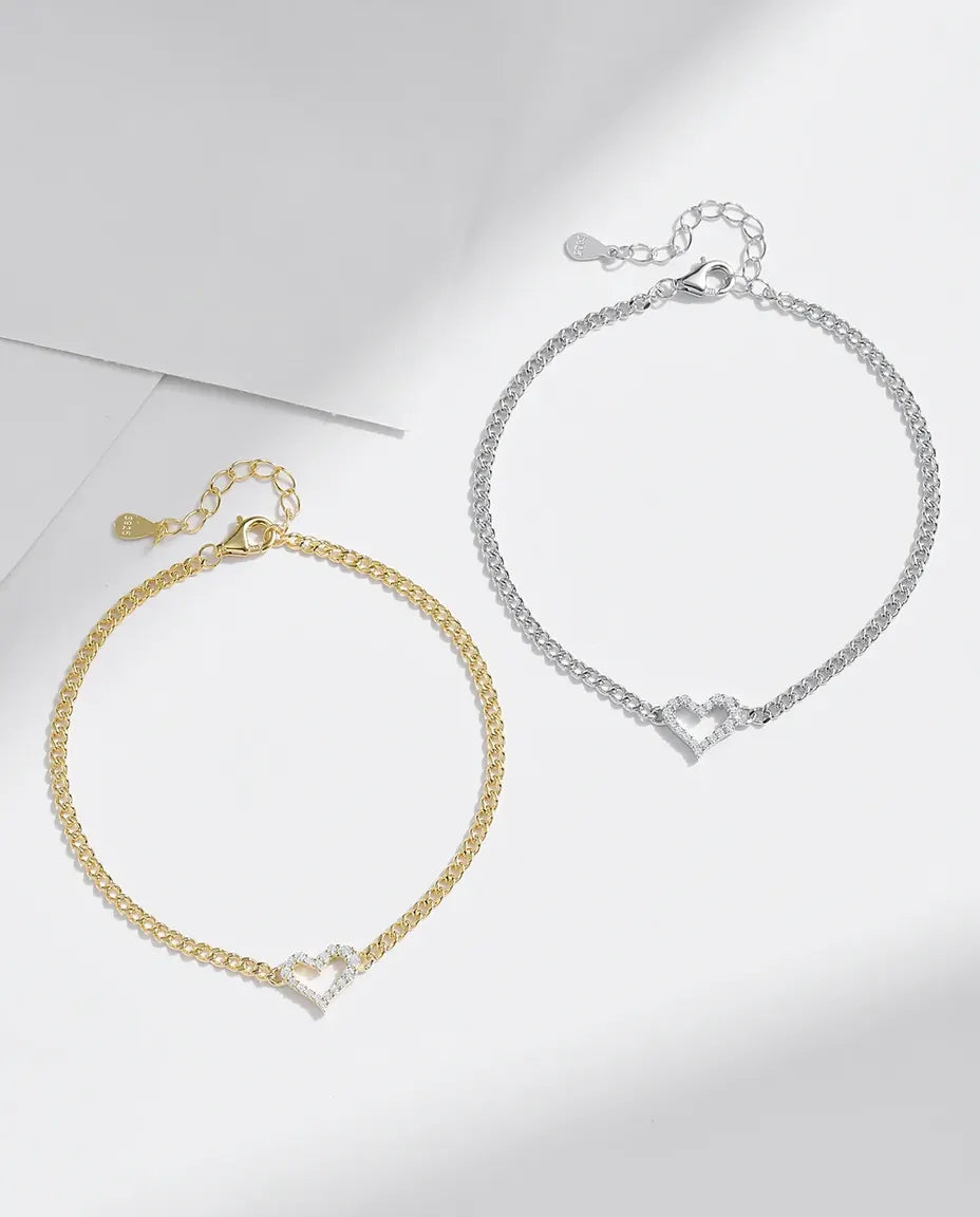 Moissanit Armband mit offenem Herz an Panzerkette – 925 Sterlingsilber, wahlweise silbern oder vergoldet