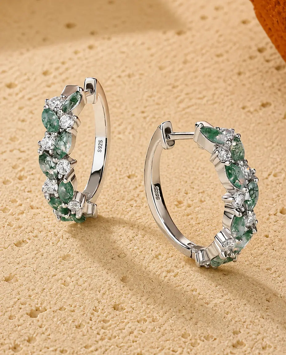 Moosachat Creolen - Marquise Moosachat und Zirkonia rundum gefasst, 925 Sterlingsilber, Geschenk für sie