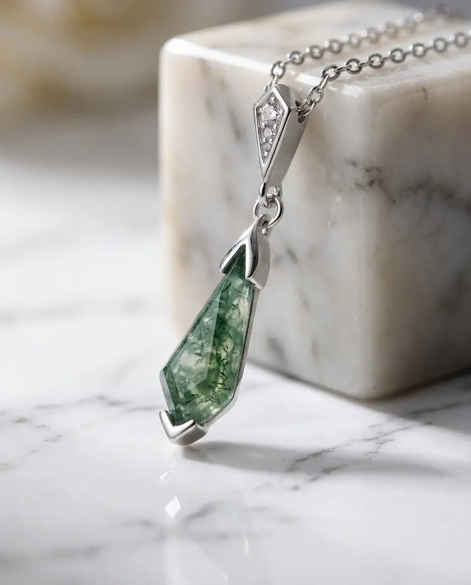 Moosachat Kette – schmaler Drachenschliff 5x15 mm im Art-déco-Stil, 925er Sterlingsilber, Geschenk für sie