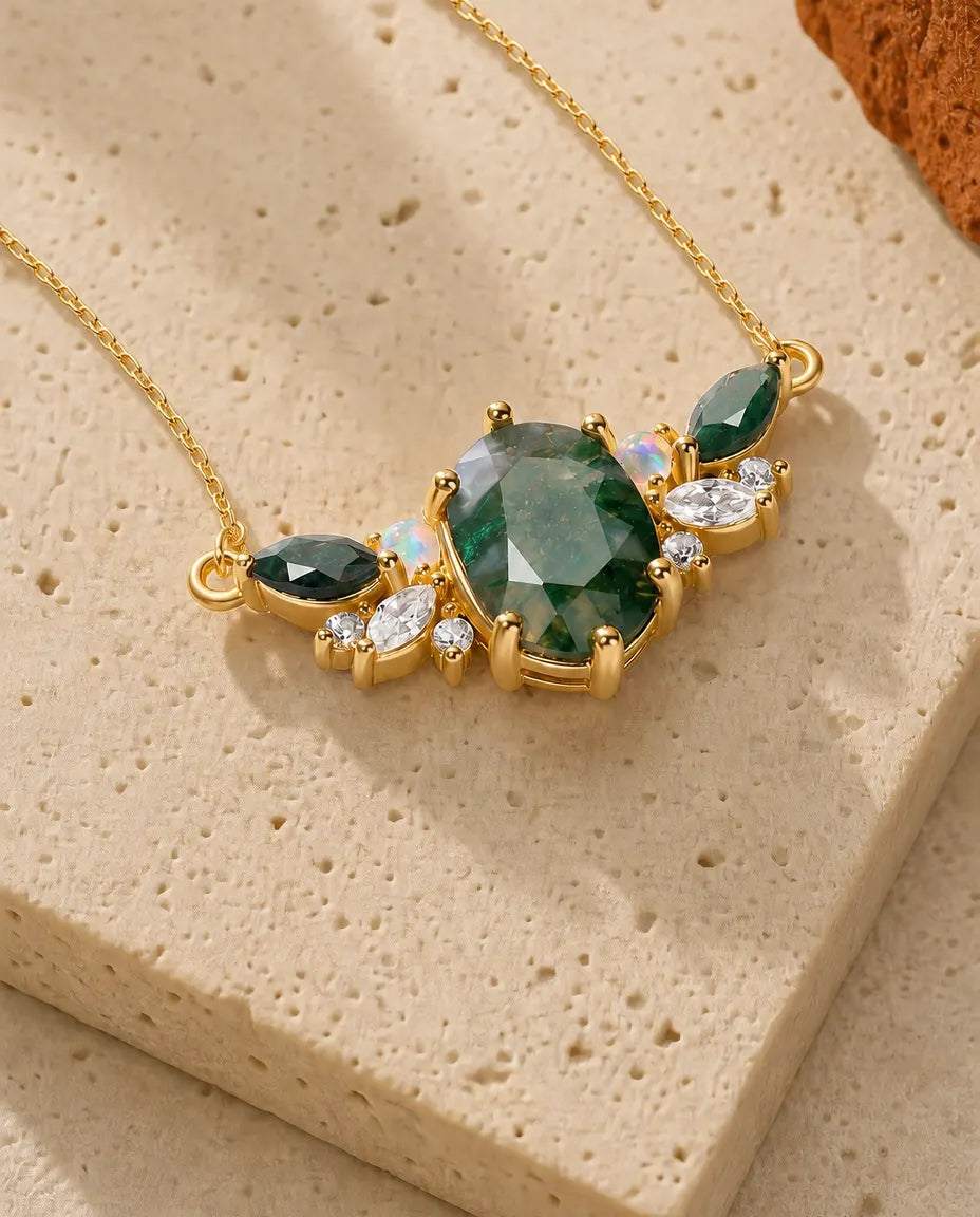 Moosachat Kette – ovaler Cluster mit Opal und Marquise-Zirkonia, 10K Goldauflage auf 925er Silber, Geschenk für sie