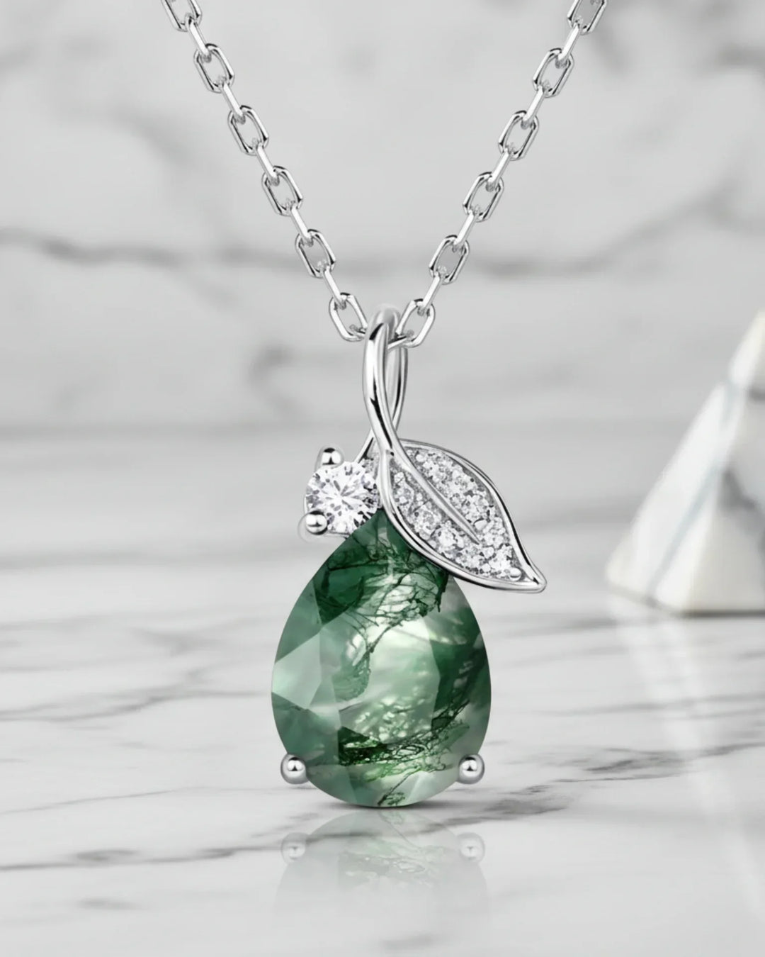 Moosachat Kette – Tropfenanhänger mit Blatt und Zirkonia, 925er Sterlingsilber, Geschenk für sie