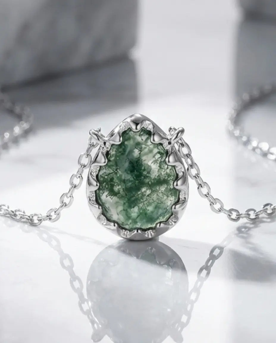 Moosachat Kette – Tropfenanhänger mit dendritischen Einschlüssen, Sterlingsilber, Geschenk für sie