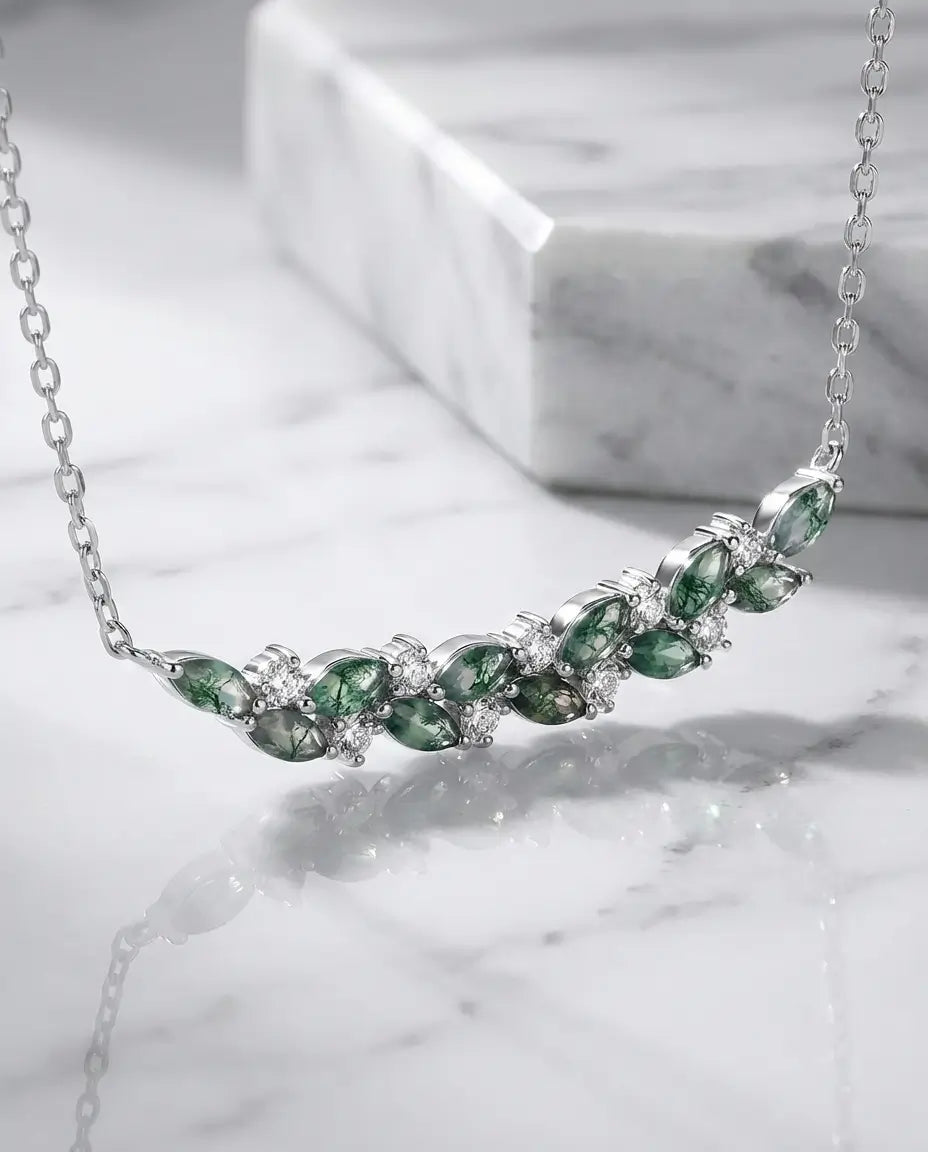 Moosachat Kette – Zweig-Stab mit Marquise-Steinen und Zirkonia, Sterlingsilber, Geschenk für sie