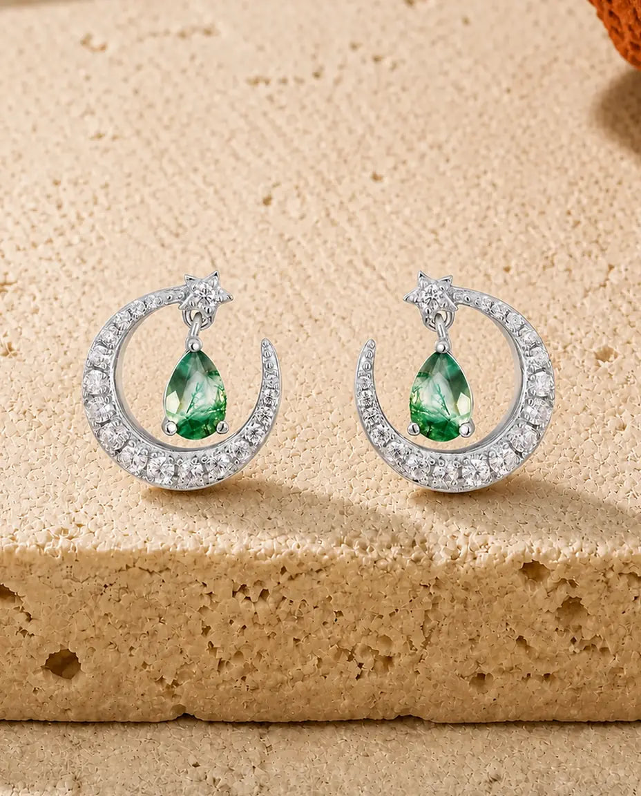 Moosachat Ohrringe - Mondsichel mit Stern und Moosachat-Tropfen, 925er Sterlingsilber, Geschenk für sie
