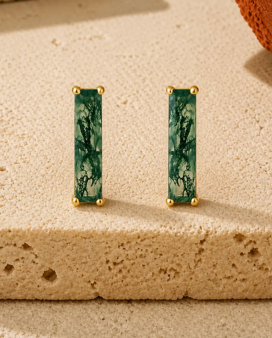 Moosachat Ohrstecker - Langer Baguette-Moosachat in 10K vergoldetem 925er Sterlingsilber, Geschenk für sie