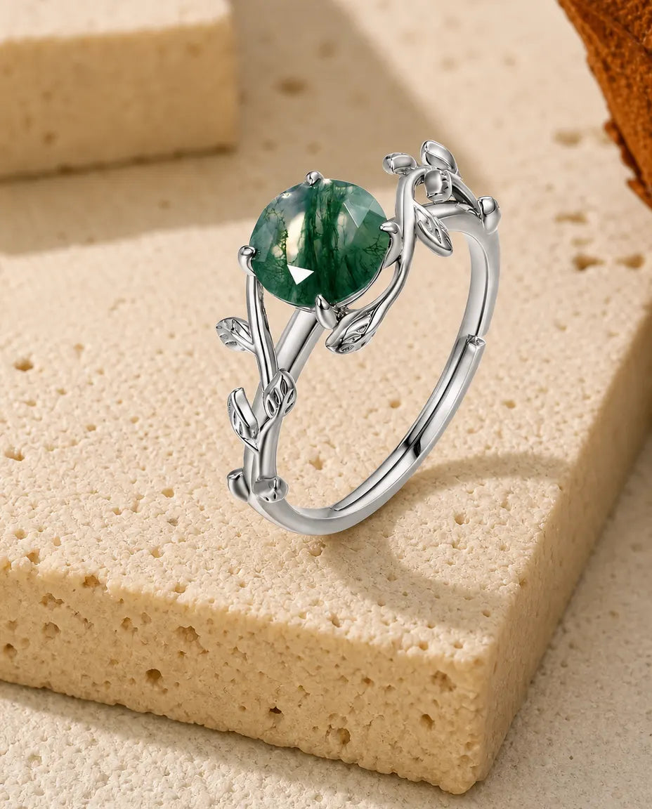 Moosachat Ring – Blätterranke mit rundem Stein im Rosenschliff, 925er Sterlingsilber, größenverstellbar, Naturring für Damen